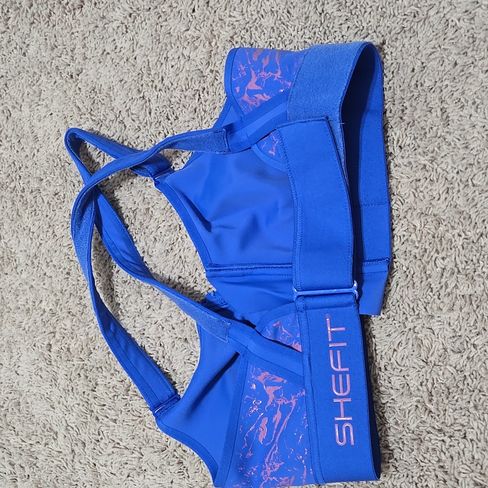 Shefit Blue Sports Bra with Pink Logo